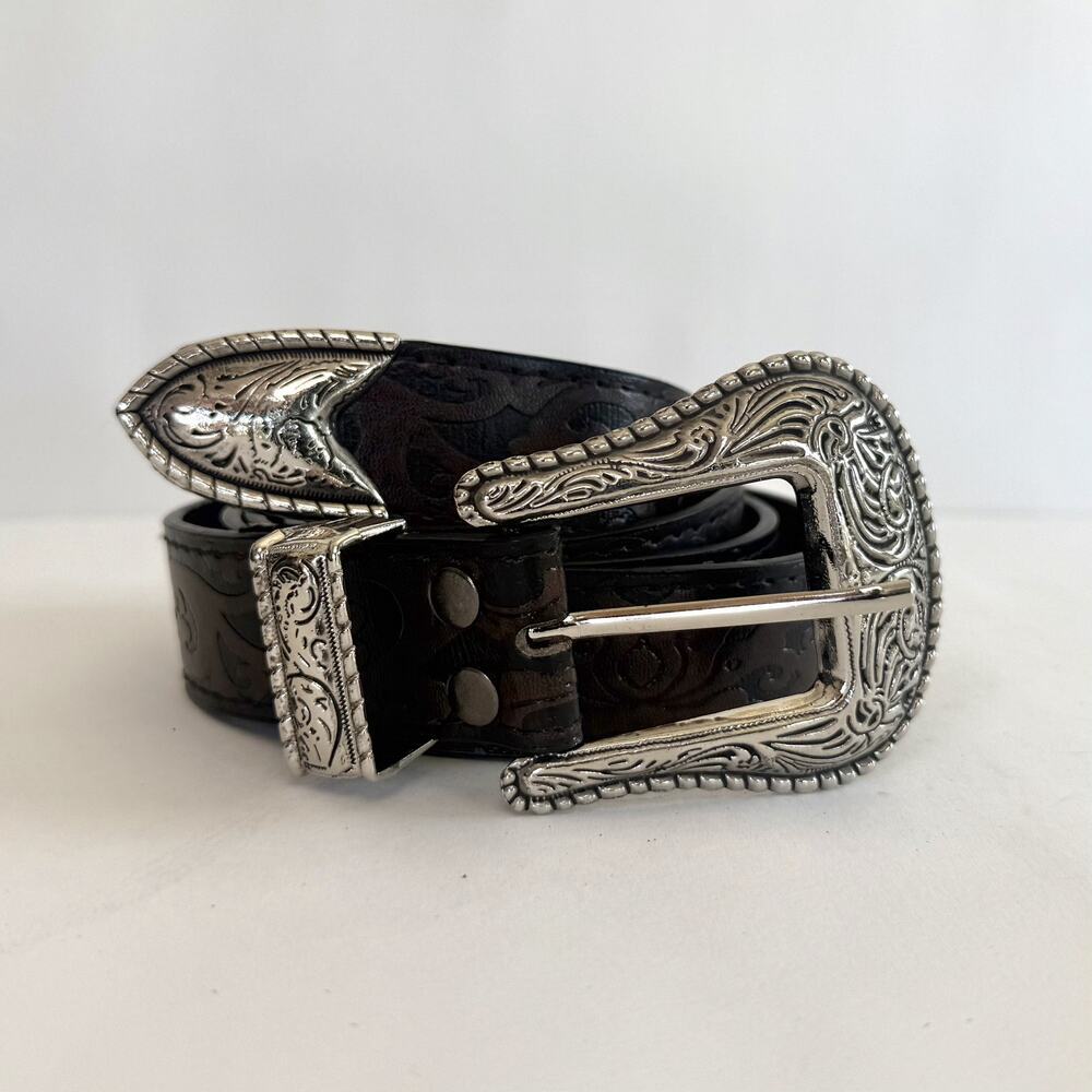 y2k brown leather and silver western cowboy boho belt - Picture 8 of 9